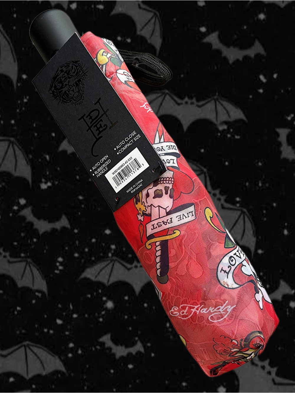 NWT Ed Hardy โLove Kills Slowlyโ Auto Open Red Tattoo Umbrella